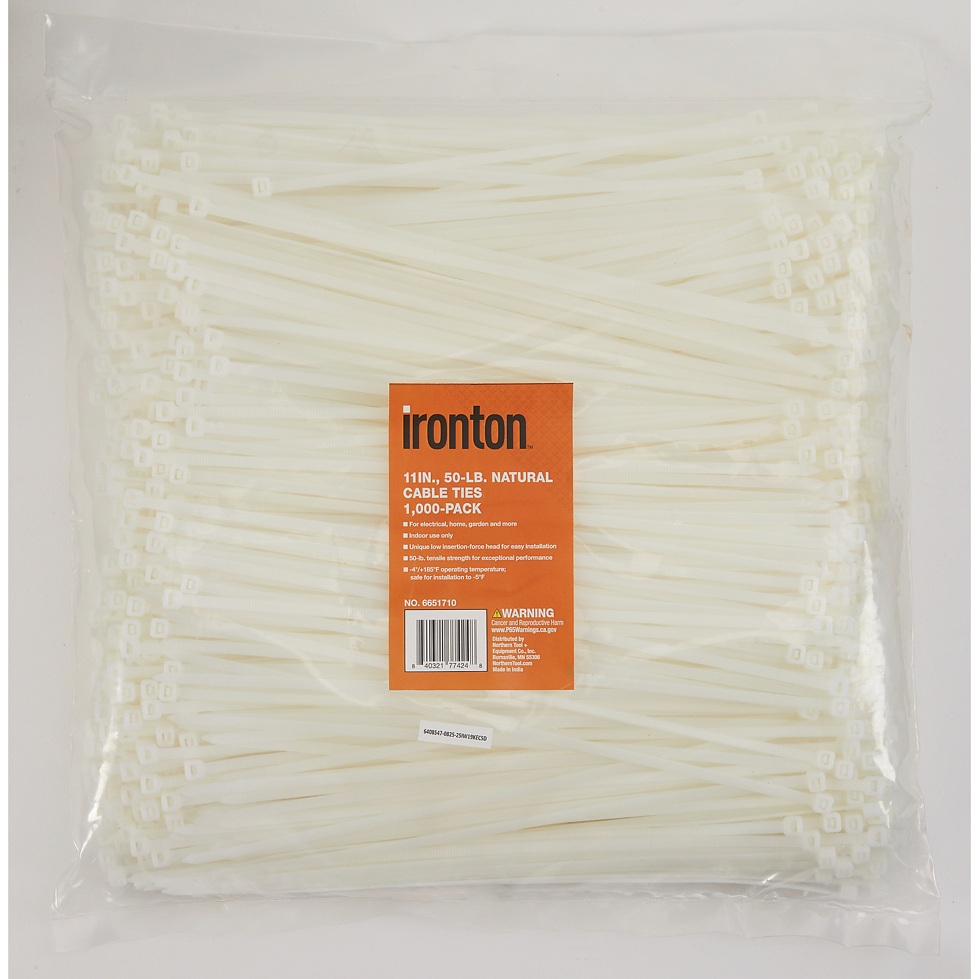 Ironton Cable Zip Ties, 1000-Pk., 11in., 50-Lb. Tensile Strength, Natural